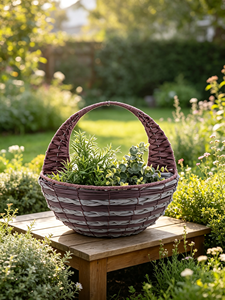 Panier à fleurs suspendu rond tressé avec poignée et doublure imperméable pour jardin, balcon, terrasse - Product Image 1