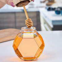 Pot à miel en verre avec cuillère en bois et couvercle en bambou, récipient de rangement pour le miel, idéal pour la cuisine et la table