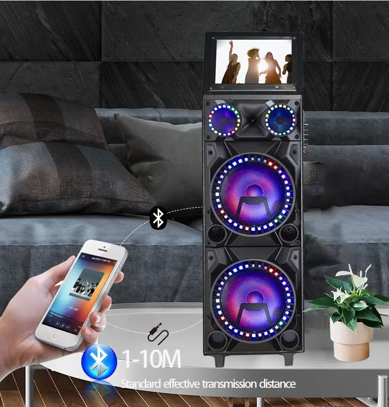 Portable 12 inch blue tooth karaoke speaker with wireless mic 15.4'' touch screen trolley speakers