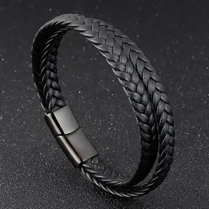 Terbaru Stainless Steel gesper magnetik hitam lapisan ganda dikepang kulit asli mode perhiasan gelang untuk pria