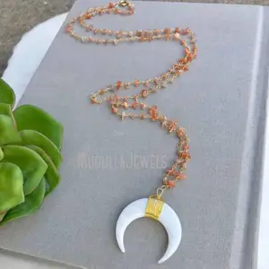 NM11602 White Shell Crescent Moon Double Horn Pendant With Sunstone Rosary Beaded Necklace Gold Plated Boho Chic Jewelry
