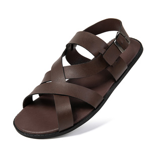 Sandales plates pour hommes, bout rond, couleur unie, sangle à boucle, antidérapantes, doublure en cuir véritable, talon plat, chaussures à bride arrière - Product Image 5