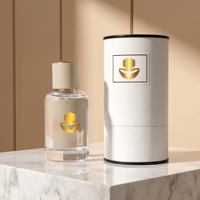 Nouvelle conception de flacon de parfum en verre transparent rond de luxe personnalisé avec pulvérisateur à pompe, vide, 50 ml, 100 ml, boîte d'emballage estampée dorée