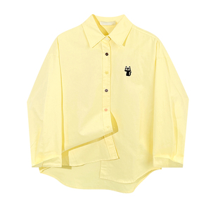 <span class=keywords><strong>Camicia</strong></span> Gialla Casual di Alta Qualità per <span class=keywords><strong>Donna</strong></span>, <span class=keywords><strong>Colletto</strong></span> a Polo con Ricamo di Gatto Cartoon, Alla Moda, Produzione di Fabbrica - Product Image 6