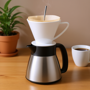 Cafetera de goteo con gotero de cerámica blanca y jarra térmica de acero inoxidable para preparar café en casa - Product Image 3