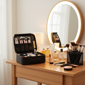 Bolsa Organizadora de Maquillaje Negra, de Gran Capacidad, con Cierre de Cremallera, Material PU, Estilo Moderno, Asa Suave, para Almacenamiento de Cosméticos - Product Image 2