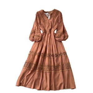 White Solid Lace Embroidered V-neck Long Sleeve Casual Spring Autumn Women's Maxi Dress with Belt Woven <b>Big</b> Swing Skirt - Product Image 1