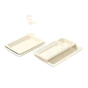 Hot Sale Exclusive To Wholesalers Bagasse Bamboo Material Sushi Tray With Anti-frog PET Lid Restaurant Party Sushi Tray