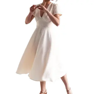 Woman Deep V neck Dress Cup Sleeve Linen Dress Tailored White Dress