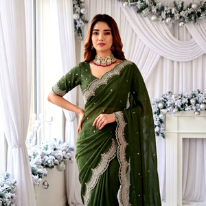Sari de Georgette Verde Elegante de AARA Fashion con Borde Bordado para Mujer, Estilo Indio-Pakistaní, Largo hasta el Suelo, para Bodas - Product Image 1