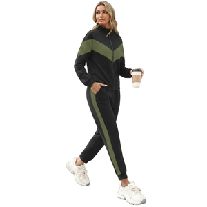 Ensemble de survêtement décontracté pour femme, noir et vert, à blocs de couleur, avec fermeture éclair, manches longues, respirant, léger, en coton, avec poches latérales - Product Image 2