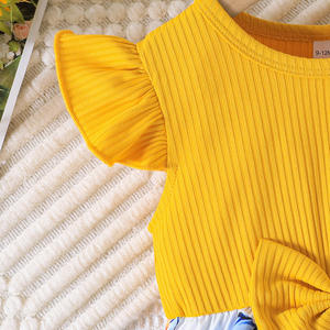 Süßes Kleid mit Schleife und Flügelärmeln für kleine Mädchen, niedliches zweiteiliges Set aus Patchwork-Rock und Kopftuch für Babys - Product Image 4