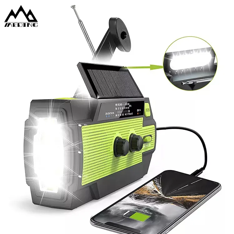 Meding MD-090p lanterna de emergência, rádio solar de sobrevivência com rádio noaa, luz de tempo para leitura