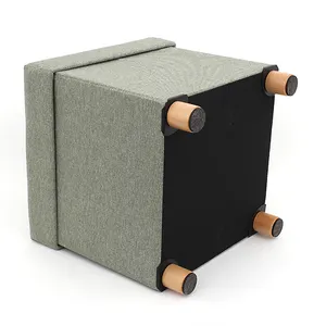 Wood Ottoman Green Fabric Footstool Space Saving Living Room Lid Storage Ottoman With Wooden Leg