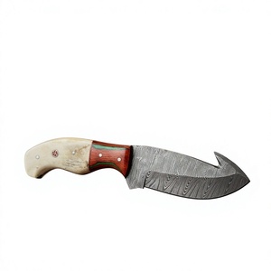 Cuchillo de caza y camping de hoja fija con punta de caída, de acero de Damasco, con mango de madera y hueso, personalizable DIY - Product Image 1
