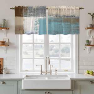 Rideaux de cuisine bleus modernes, 2 panneaux, rideaux de fenêtre rustiques à motifs de peinture à l'huile, draperies courtes pour salle de bain, café, personnalisables - Product Image 6