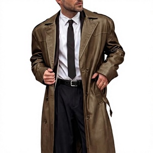 <b>Men</b> Genuine Leather <b>Long</b> Trench <b>Coat</b> Double Breasted Notched Lapel Overcoat With Pockets Regular Fit - Product Image 1