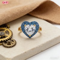 Bague Cœur en Laiton Plaqué Or 18K Hengdian avec Zircon et Saphir Bleu – Bague Tendance pour Femme au Quotidien
