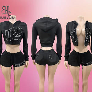Setelan Olahraga Wanita 2 Potong, Jaket Crop Beritsleting dengan Cetakan Huruf dan Celana Pendek Slim, Set Padu Padan, Streetwear Sporty Musim Gugur 2025 - Product Image 2