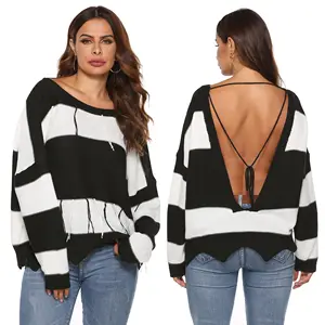 Ladies Black and White Striped Knit Custom Sweater Sexy Backless Pullover with Tassel