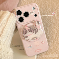 Support magnétique en TPU au design chat adorable pour coque de téléphone 16, couche souple rose, motif dessin animé pour jeune femme, amour
