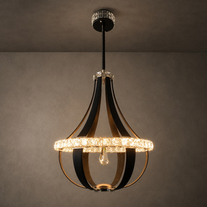 Lustre à pampilles LED en cristal, finition cuir noir mat, structure métallique, pour appartement, salon, éclairage intérieur - Product Image 2