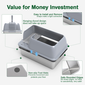 Bac à litière <span class=keywords><strong>pour</strong></span> chat en acier inoxydable avec clôture en plastique et <span class=keywords><strong>marchepied</strong></span> 600x405x310mm Capacité 20L Durable et facile à nettoyer - Product Image 3