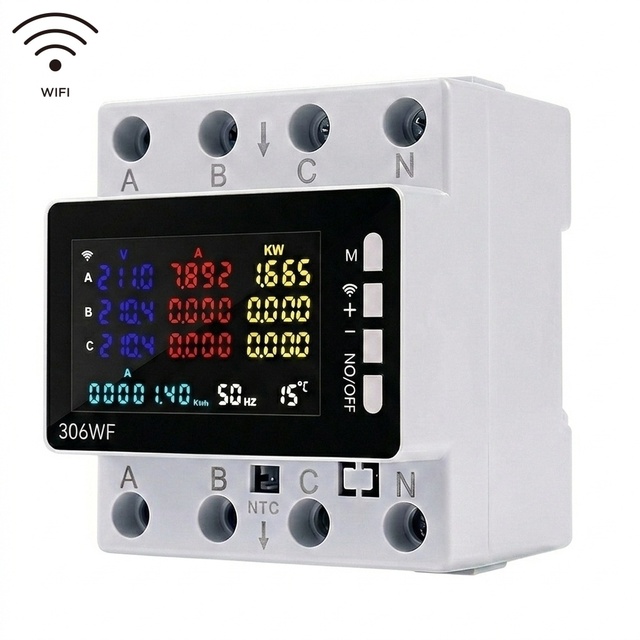 SLS 3 Phase WiFi Smart Energy Meter 80A 220V 4-Wire DIN Rail Overcurrent Leakage Protection Class 1.0 Digital LED Display