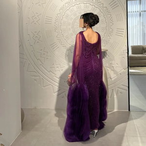 Abito da sera <span class=keywords><strong>viola</strong></span> di lusso su misura Serene Hill con perline e maniche a mantella, set due pezzi da donna - Product Image 3