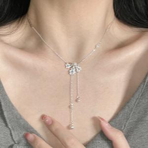 Collier chaîne à perles rondes en argent pur S925 avec étoile scintillante en diamant à quatre branches, pendentif de luxe rafraîchissant pour femmes - Product Image 5