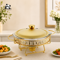 Hochwertige Hotel-Ausstattung Luxuriöses Chafing Dish Buffet-Set Runder Goldener Edelstahl Kommerzieller Speisenwärmer mit Glasdeckel