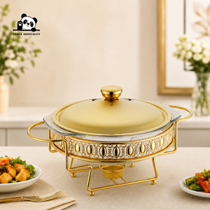 Suministros de Hotel de Alta Calidad, Juego de Recipientes para Buffet de Lujo, Calentador de Alimentos Comercial Redondo de Acero Inoxidable Dorado con Tapa de Vidrio - Product Image 1