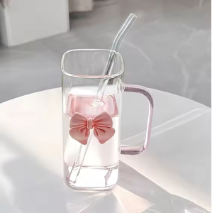 Gobelet carré en verre borosilicate transparent, résistant à la chaleur, de haute qualité, avec couvercle coloré et nœud, design créatif - Product Image 4