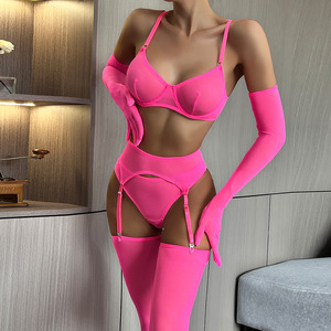 Lot de 5 pièces de lingerie transparente en maille, ensemble personnalisé <span class=keywords><strong>rose</strong></span> <span class=keywords><strong>fluo</strong></span> avec soutien-gorge, <span class=keywords><strong>porte</strong></span>-jarretelles, gants et bas, ensemble de lingerie intime OEM pour femme - Product Image 2