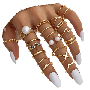 Juego de 19 Anillos de Aleación con Perlas, Geométricos y con Pedrería para Mujer, Regalo de Joyería para Boda, Compromiso o Fiesta - Product Image 1