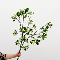 Kunstfruit, geluksfruit, kleine granaatappel, rode bessen, acaciabloemen, decoratie voor de eettafel in huis