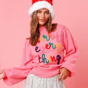 Custom Women Crew Neck Merry Everything' Lurex Embroidery Lettering Sweater For Women