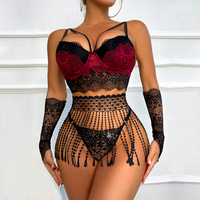 Ensemble de lingerie sexy noir pour femmes, style designer, avec rembourrage, bordure en dentelle, coutures, ceinture à la taille et franges, pour femmes matures