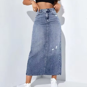 OEM ODM Hochwertiger Maxi-Jeansrock für Damen mit Stickerei, Lässiger Midi-Rock mit Hohem Bund, Street-Style, Schlitz und Ausgefranstem Saum - Product Image 1