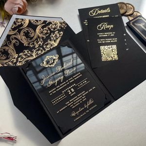 Kit de papeterie de luxe moderne en papier couché noir avec motif floral doré et QR RSVP pour la Saint-Valentin - Product Image 1