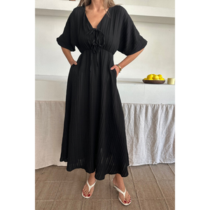Robe longue noire drapée à col en V, taille empire polyvalente, en spandex de haute qualité, style vintage pour fêtes formelles, tailles XS à XL pour toutes. - Product Image 5