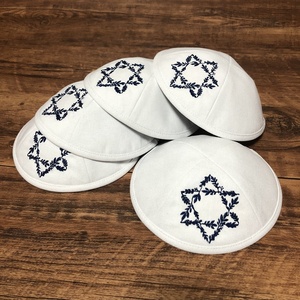 ผ้าลินินสีขาวที่กำหนดเอง kippot ดาวดาวปักโลโก้ที่กำหนดเองแบบธรรมดา <span class=keywords><strong>yamaka</strong></span> พิมพ์เต็มหน้า kippah สำหรับผู้ใหญ่ - Product Image 5