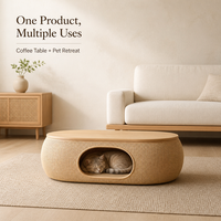 Table basse ottoman scandinave ronde avec plateau en bois naturel et base tressée, design double usage pour salon, convient aux personnes et aux animaux de compagnie