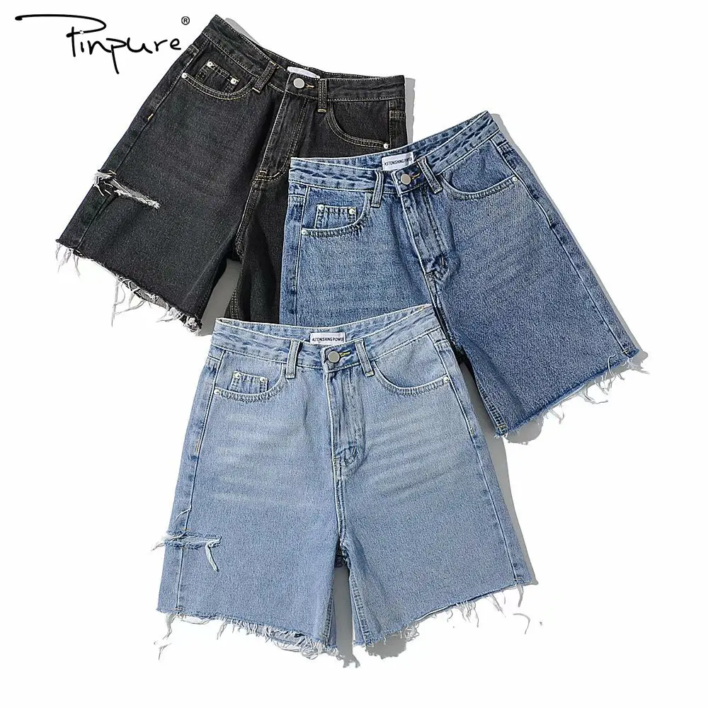 R40095S Sommer Großhandel günstigen Preis Mode Damen reine Farbe zerrissene Loch Jeans mittellange Denim kurze Hosen