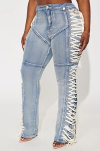 Nova Moda Única Streetwear Sexy Cool Hip Hop Casual Calça <span class=keywords><strong>Jeans</strong></span> Feminina Bootcut com Cadarço - Product Image 3