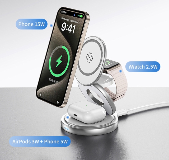 High Quality 360 Rotation 3-in-1 Magnetic Wireless Charger Stand Custom Wholesale 3-in-1 Foldable Promotional Business Gifts