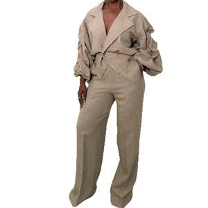 Women's Casual Large Collar Pleated Sleeve Top and <b>Pants</b> 2-Piece Set Fashion - Product Image 1