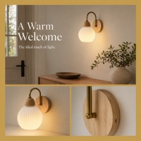 Lampu Dinding Kayu Modern Bergaya Mid-Century dengan Bohlam LED Isi Ulang, Remote Control, Kaca Bentuk Labu, Dapat Diredupkan, Cocok untuk Kamar Mandi