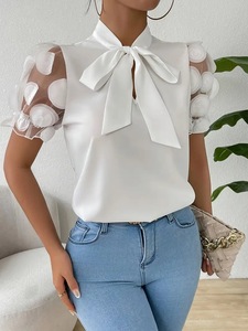 Blusas para Mujer Tallas S-2XL, Blusa Moderna <span class=keywords><strong>con</strong></span> Cuello Redondo y Parches de Malla, Manga Corta <span class=keywords><strong>con</strong></span> Lazo en el Cuello, Tops de Manga Corta, Camisetas - Product Image 6