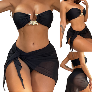Conjunto de Bikini Ecológico de Tres Piezas con Estampado de Encaje, Top Bandeau Plisado y Accesorios de Playa, Tankinis para Mujer - Product Image 4